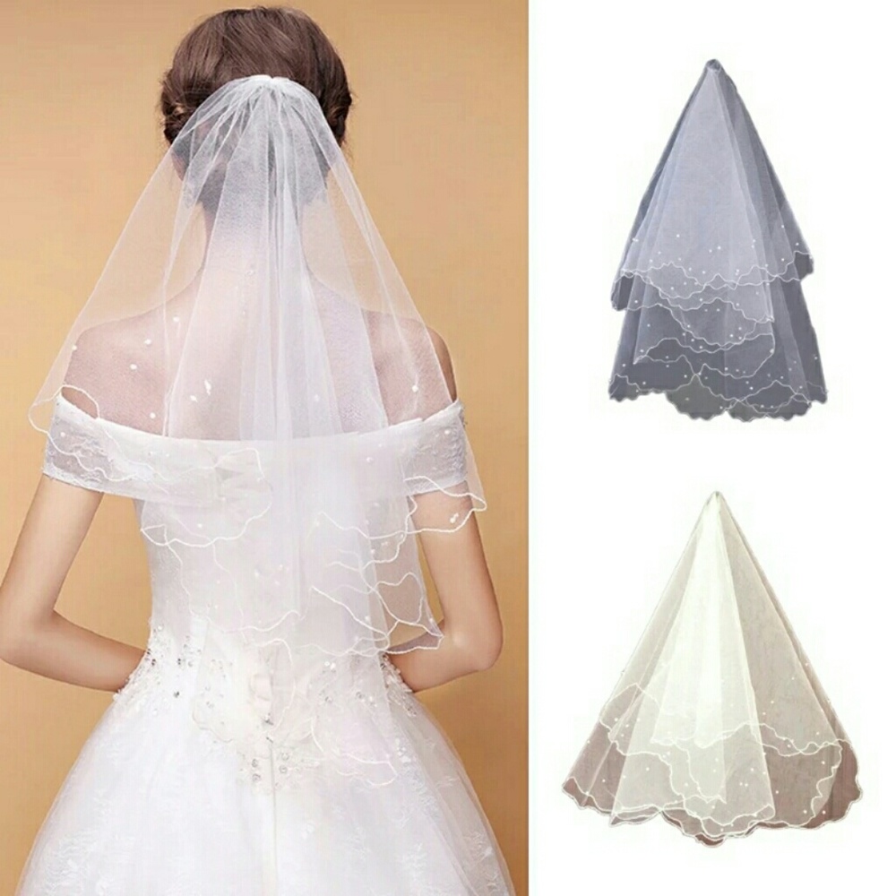 Pearl Wedding Dress Veil Layers Tulle Ribbon Edge - Picture 2 of 4